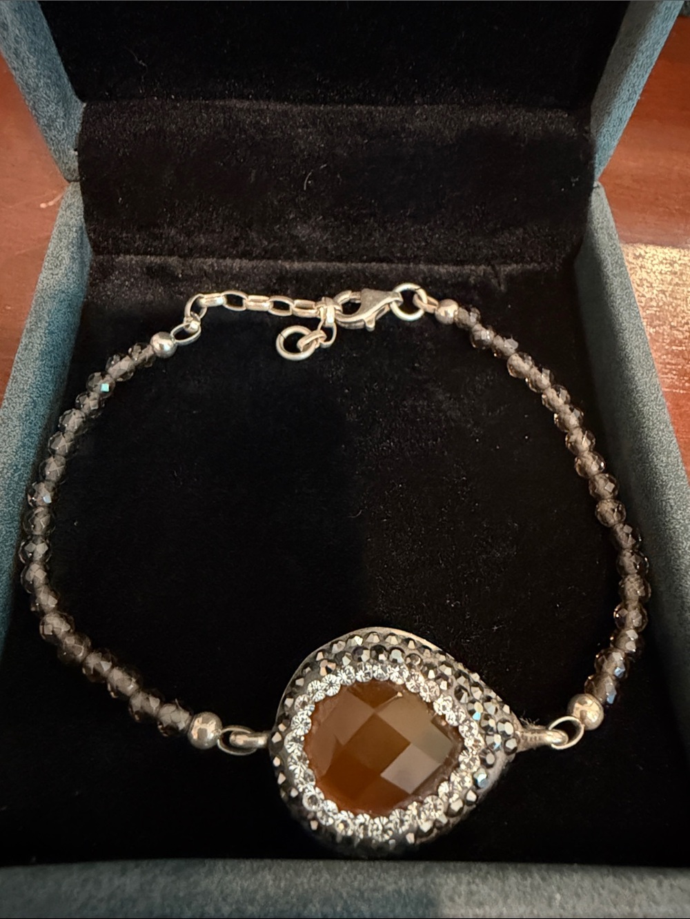 Delicate Silver Bracelet with Amber Teardrop Stone & crystals.